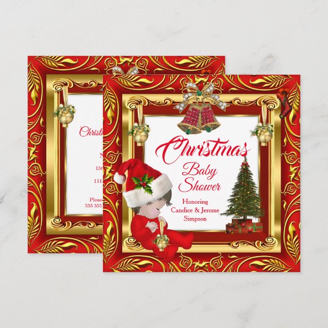 Invitación Navidades Chica o niño Baby Shower Red Gold (Anverso / Reverso)