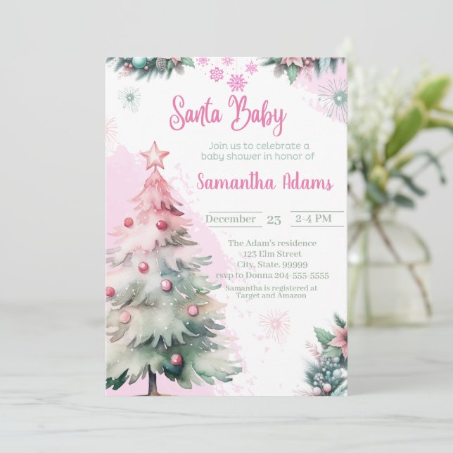 Invitación Navidades Chica Santa Baby Shower (Anverso de pie)