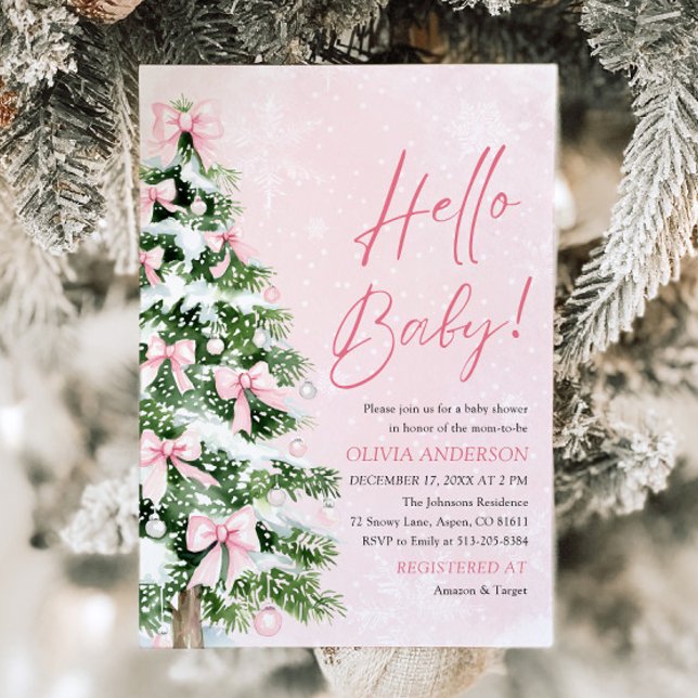 Invitación Navidades Chicas de Bow rosado Hola bebé Baby Show (Pink Bow Girl Christmas Hello Baby Baby Shower Invitation)