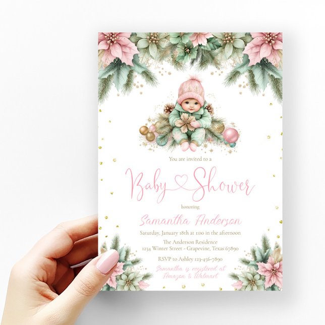 Invitación Navidades Chicas de Poinsettia del Oro Verde del S (Baby girl pink, green and gold glitter winter holiday Christmas flowers baby shower invitation.)