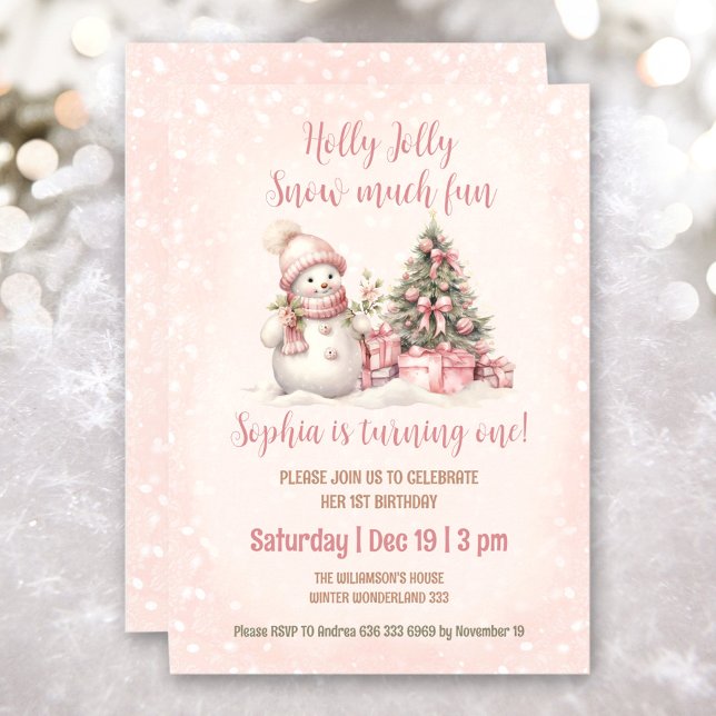 Invitación Navidades Chicas de Snowman rosados en primer cump (Pink Vintage Snowman Girl Christmas 1st Birthday Invitation)