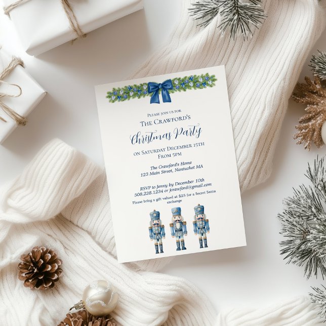 Invitación Navidades Chinoiserie Blue y White Nutcracker (Blue Nutcracker Christmas Party Invitation)