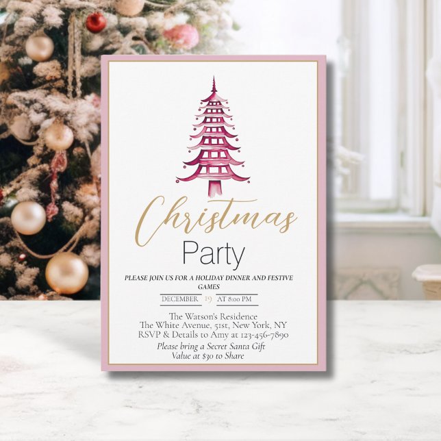 Invitación Navidades Chinoiserie Dusty Pagoda Rosa y Roja (Chinoiserie Pagoda Christmas tree- Christmas party invitation)