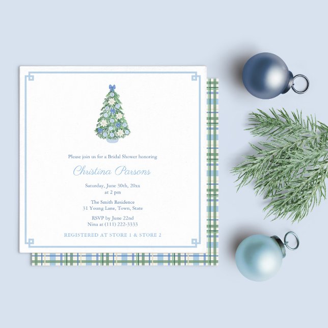 Invitación Navidades Chinoiserie Moda Bridal Shower Fiesta (Pale Blue White Chinoiserie Holidays Tree Bridal Shower Party Invitation With Tartan Plaid Backer)