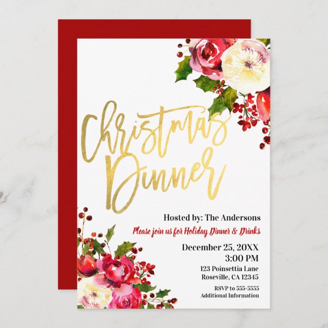 Invitación NAVIDADES CINNER Dorado Moderno Script Floral Berr (Anverso / Reverso)