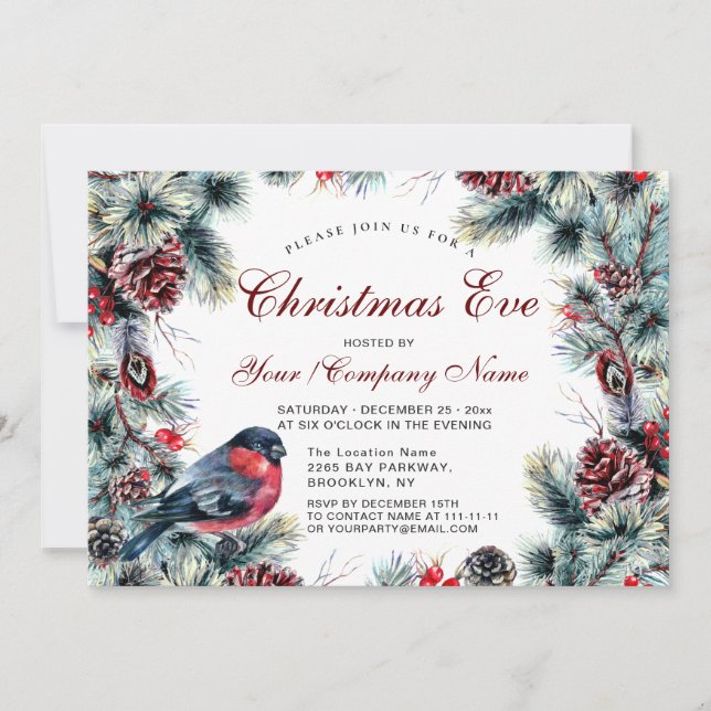 Invitación Navidades clásicos de guirnaldas y pájaros rojos (Anverso)