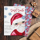 Invitación Navidades clásicos de intercambio de regalos secre<br><div class="desc">Esta divertida invitación a la fiesta de los Navidades Secretos de Santa Lucía muestra mi Santa clásica pintada a mano en rojo y blanco acentuada con poinsettias azules. El texto se puede editar completamente en la página del producto. Arte original de Malissa Melrose.</div>