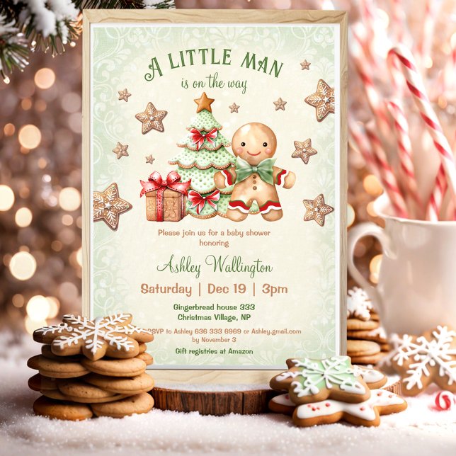 Invitación Navidades clásicos del hombre de pan grande Baby S (Gingerbread Man Boy Classic Christmas Baby Shower Invitation)