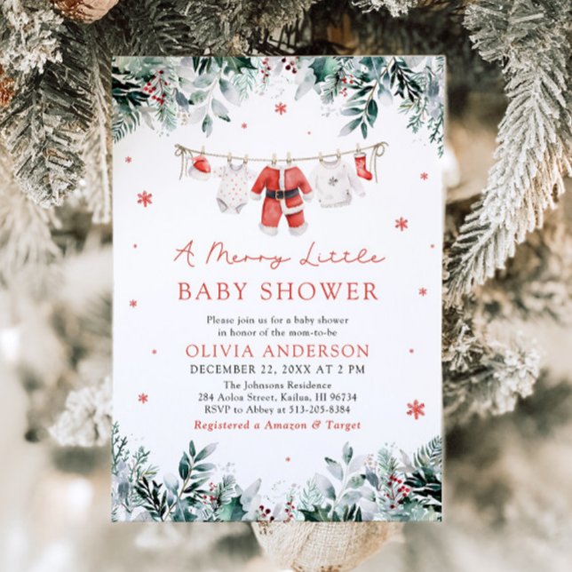 Invitación Navidades Clothesline Un Feliz Baby Shower (Christmas Clothesline A Merry Little Baby Shower Invitation)