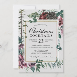 Invitación Navidades Cocktails Rústico Borgoña Rojo Floral