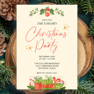 Invitación Navidades color agua rojo y verde Fiesta de cena