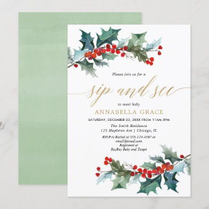 Invitación Navidades color verde rojo sorbo de oro ver encuen
