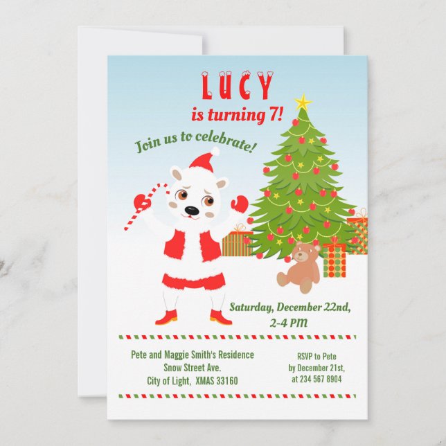 Invitación Navidades con fiesta de cumpleaños del oso polar (Anverso)
