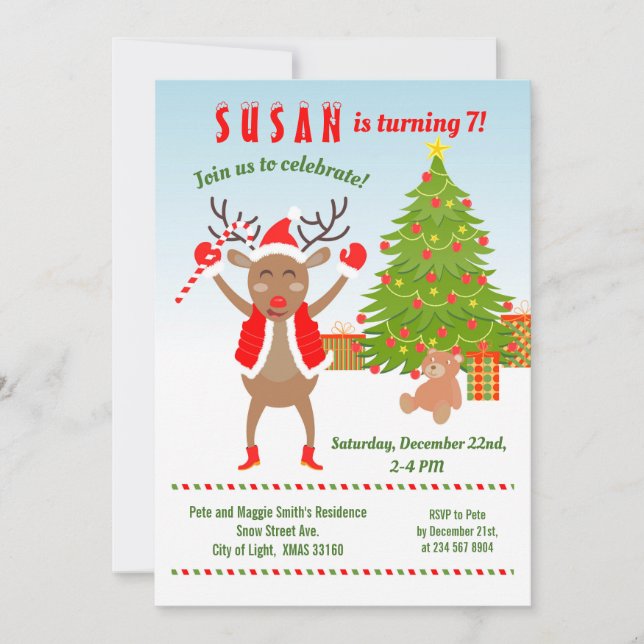 Invitación Navidades con la fiesta de cumpleaños de Rudolph (Anverso)
