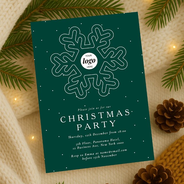 Invitación Navidades con logotipo empresarial Fiesta Green Co (Company Christmas Party Invitation in green and white with snowflake detail and your logo)