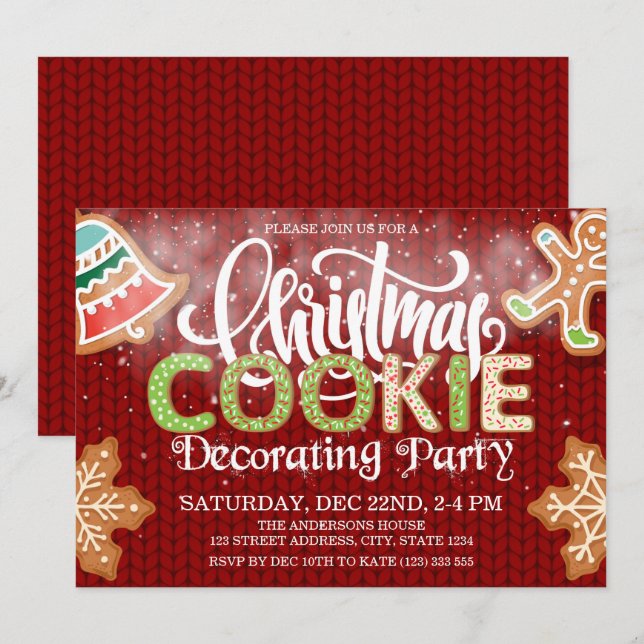 Invitación Navidades Cookie decorando Fiesta Verde Rojo (Anverso / Reverso)