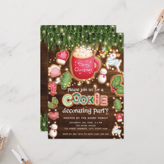 Invitación Navidades Cookie decorando Fiesta Wood (Anverso/Reverso In Situ)
