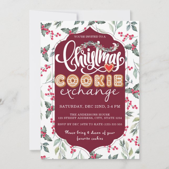 Invitación Navidades Cookie Exchange Fiesta Watercolor Elegan (Anverso)
