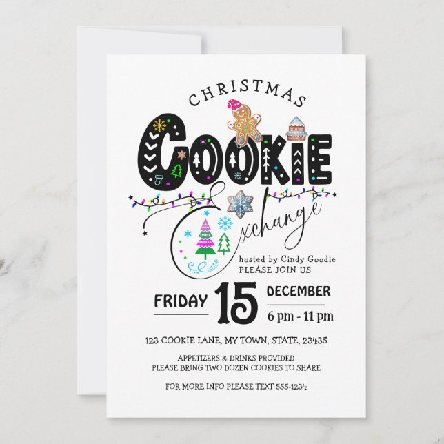 Invitación Navidades Cookie Exchange vacaciones coloridas (Anverso)