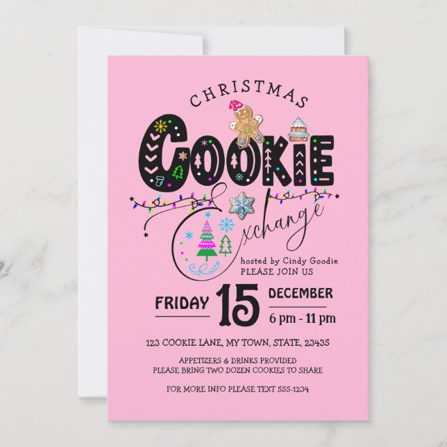 Invitación Navidades Cookie Exchange vacaciones rosas (Anverso)
