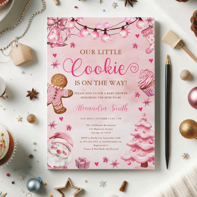 Invitación Navidades Cookie Pink Gingerbread Baby Shower (Girl Christmas A Little Cookie Pink Gingerbread Baby Shower Invitation)
