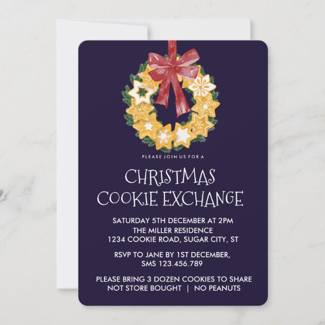 Invitación Navidades Cookie Wreath con fondo azul marino (Anverso)