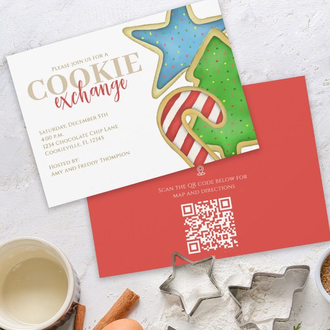 Invitación Navidades Cookies Direcciones de mapa de código QR (Christmas whimsical colorful cookie cutout invitation with watercolor cute cookies. )