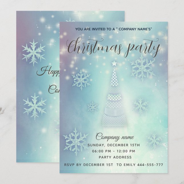 Invitación Navidades corporativos brillantes con nevadas azul (Anverso / Reverso)