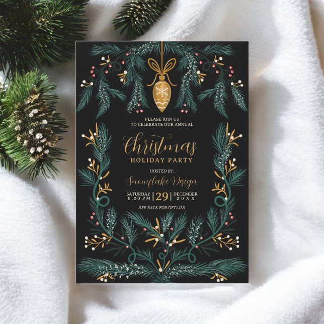 Invitación Navidades corporativos de ilustracion verde de pin (Pine illustration green gold corporate Christmas Invitation)