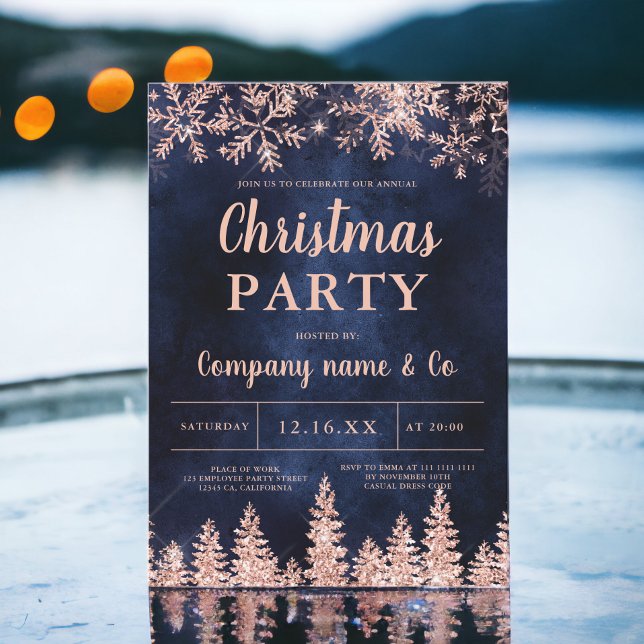 Invitación Navidades corporativos de la marina de pino de Ros (Rose gold snow pine navy corporate Christmas Invitation)
