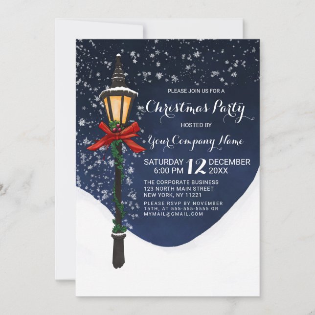 Invitación Navidades corporativos de Navy Snowy Lamppost Garl (Anverso)
