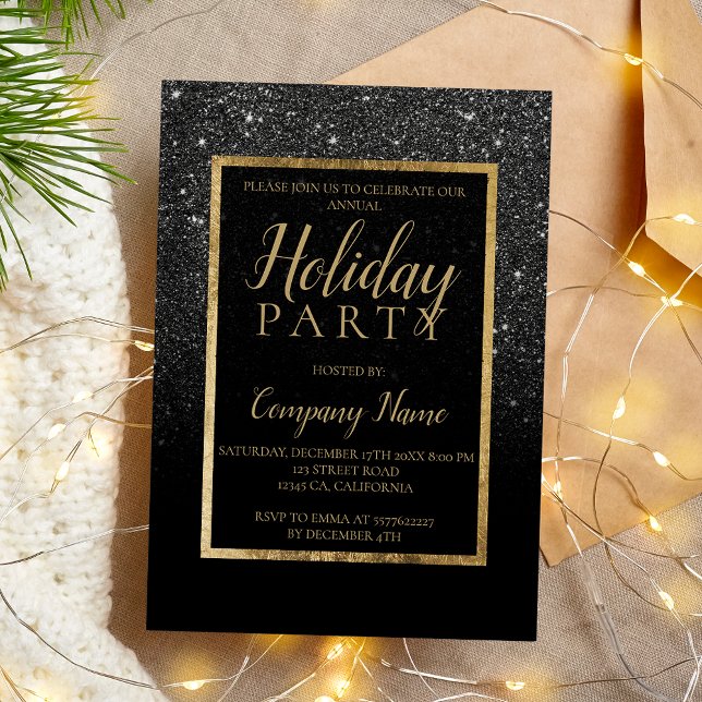 Invitación Navidades corporativos de negocios de oro de purpu (Black glitter gold business corporate Christmas Invitation)