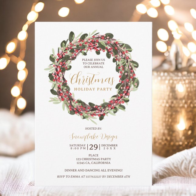 Invitación Navidades corporativos de oro festivo de Wreath (Wreath festive gold corporate Christmas Invitation)