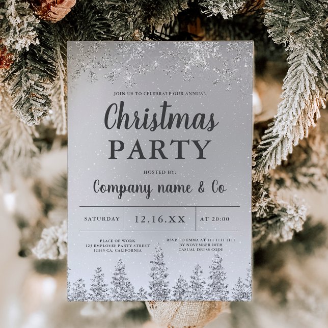 Invitación Navidades corporativos de Relieve metalizado de pi (Winter silver snow pine foil corporate Christmas Invitation)