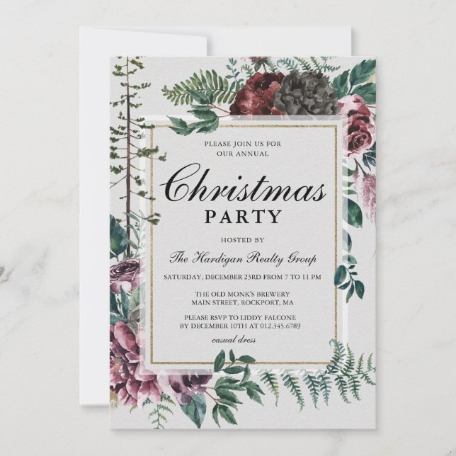 Invitación Navidades corporativos Fiesta Rustic Floral Botani (Anverso)