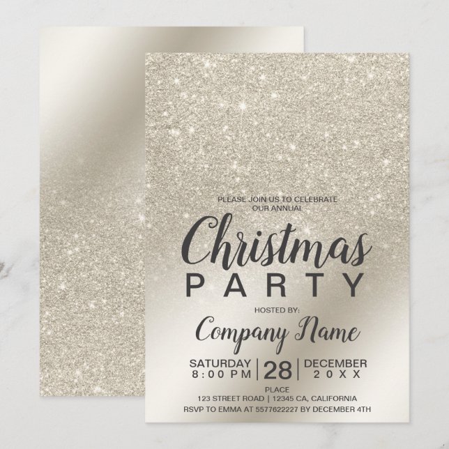 Invitación Navidades corporativos purpurina de marfil perla R (Anverso / Reverso)