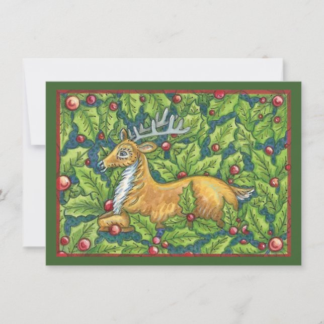 Invitación Navidades cortos renos en un bosque con Holly (Anverso)