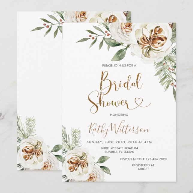 Invitación Navidades Creamy White Winter Floral Bridal Shower (Anverso / Reverso)