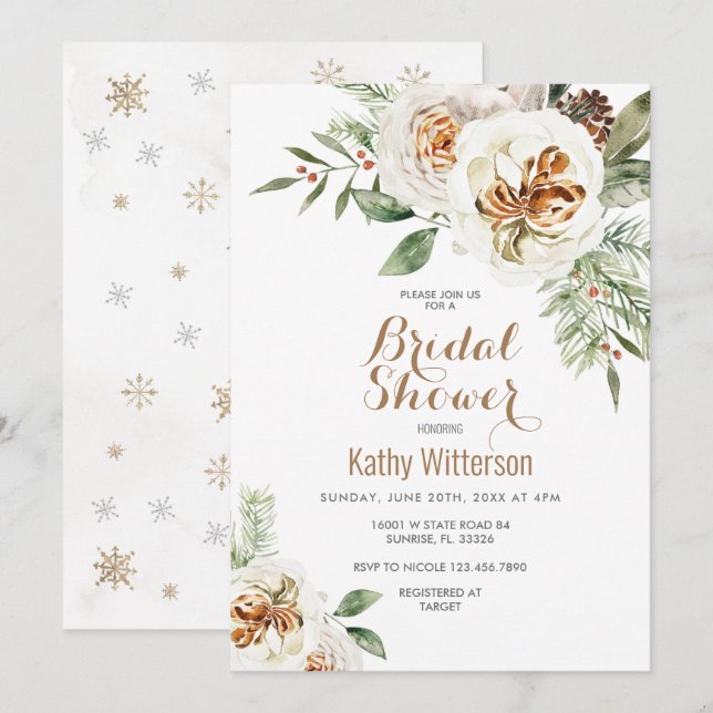 Invitación Navidades Creamy White Winter Floral Bridal Shower (Anverso / Reverso)