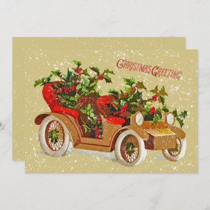 Invitación Navidades Cuidados Vintage Car Holly Snow Gold