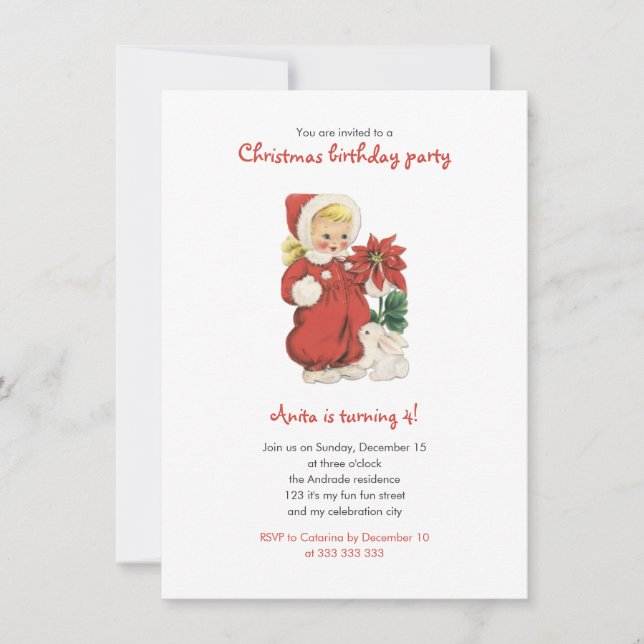 Invitación Navidades Cumpleaños Chica Retro Cute Rojo Poinset (Anverso)