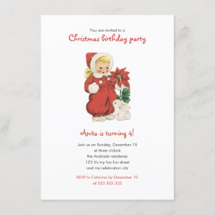 Invitación Navidades Cumpleaños Chica Retro Cute Rojo Poinset