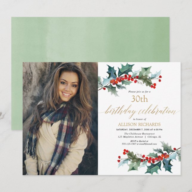 Invitación Navidades cumpleaños oro rojo hollín simple foto (Anverso / Reverso)