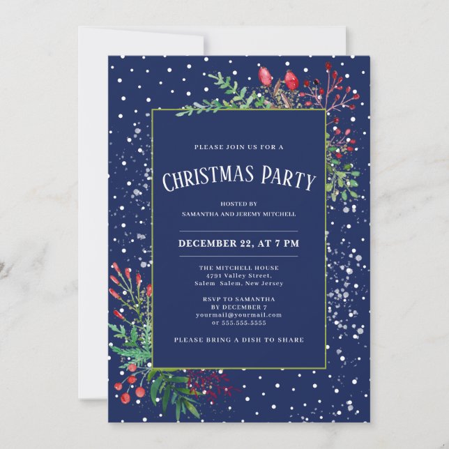 Invitación Navidades Cute Watercolor Winter Greenery Blue (Anverso)