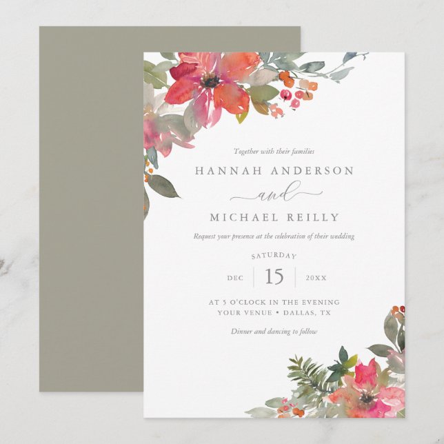 Invitación Navidades de acuarela Boda floral de Poinsettia (Anverso / Reverso)