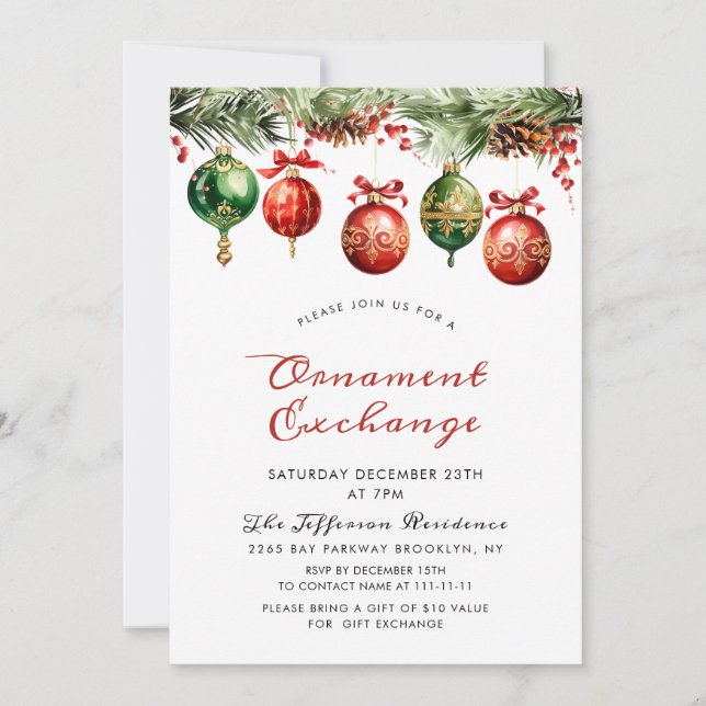 Invitación Navidades de acuarela Bolas de Ornamento de Bolas (Anverso)