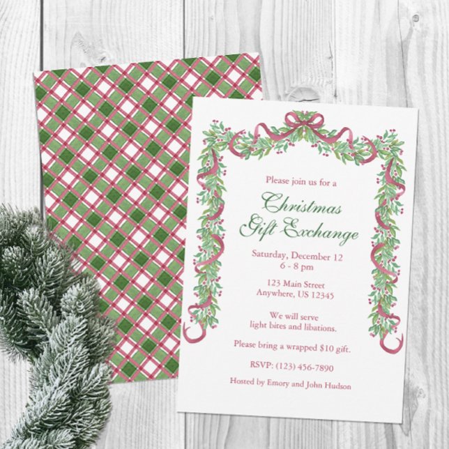 Invitación Navidades de acuarela Burgundy Green Plaid Garland (Subido por el creador)