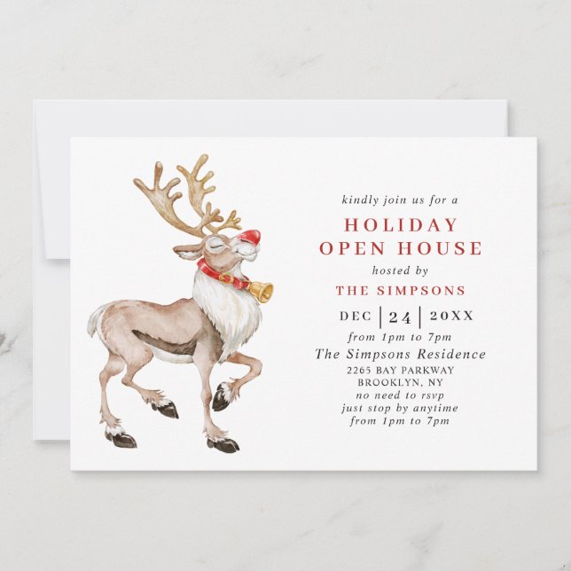 Invitación Navidades de acuarela CÁMARA ABIERTA de renos (Anverso)