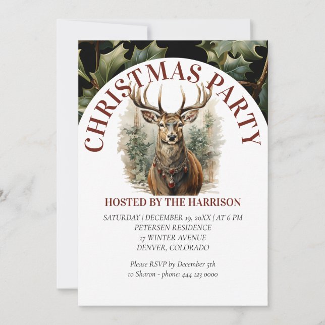 Invitación Navidades de acuarela clásica retro-reno (Anverso)