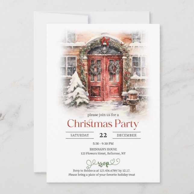 Invitación Navidades de acuarela clásicos puerta roja con nie (Anverso)